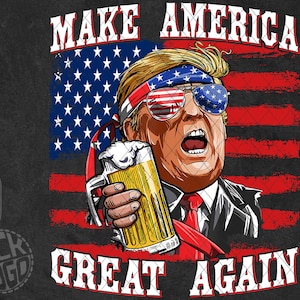 Könnte beinhalten: Eine Cartoon-Illustration einer Person, die ein rot-weiß-blaues Bandana und eine Sonnenbrille trägt und ein Glas Bier hält. Der Hintergrund ist eine amerikanische Flagge mit dem Text "Make America Great Again".