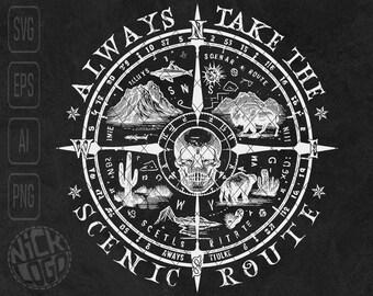 Always Take The Scenic Route Camping Travel Adventure Hiking Wild Forest Mountain Compass Bull Buffalo Desert Cactus Skull SVG PNG