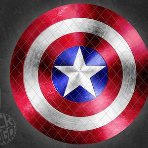 Könnte beinhalten: Ein rot-weiß-blauer Schild mit einem weißen Stern in der Mitte. Der Schild hat eine metallische Textur und einen abgenutzten Look.