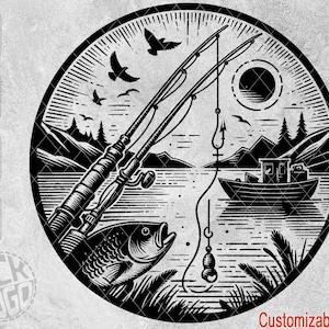 Puede incluir: Ilustración en blanco y negro de una escena de pesca con un barco, un pez y dos cañas de pescar. La escena se desarrolla en un fondo de montañas y un lago. El texto "Customizable Text" aparece en la parte inferior de la imagen.