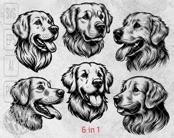 6 In 1 Bundle Golden Retriever Dog Face Head Bust Puppy Pet Cute SVG PNG