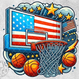 May include: A basketball hoop with an American flag design. The hoop is surrounded by stars and a basketball.