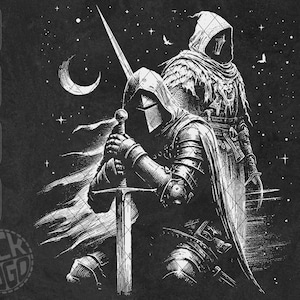 May include: Black and white illustration of two figures in hooded cloaks, one holding a sword, against a starry night sky background.