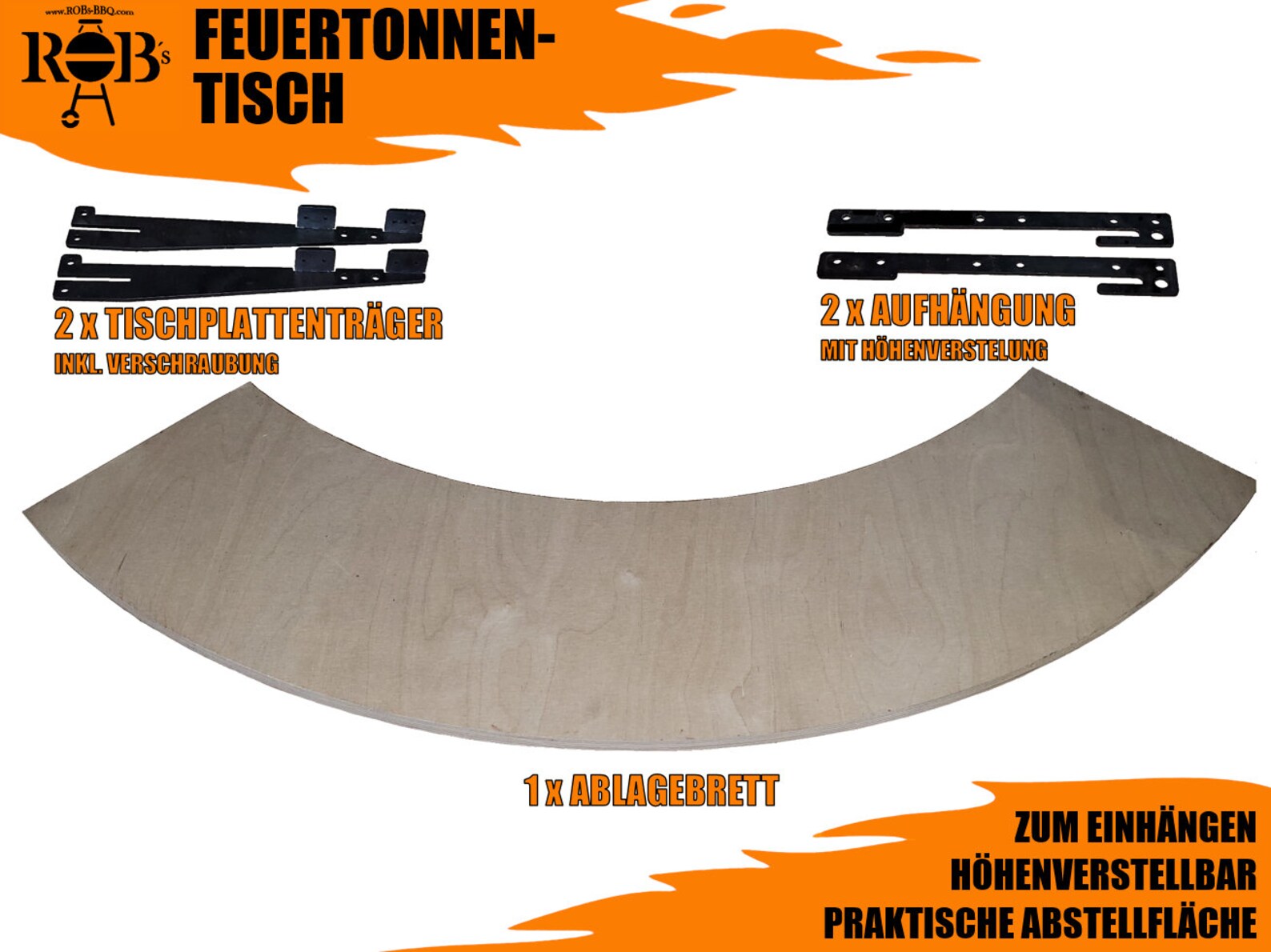 Anstecktisch Für Feuerplatte – 25 X 100 Cm, Aus Buchen-Multiplex, Für 80 Cm Feuerplatten Mit 6 Mm Stärke, Inkl. Halterung