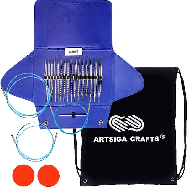 PreOwned like New addi Click Interchangeable Circular Knitting Needle Set Skacel + 1 Artsiga Crafts Project Bag