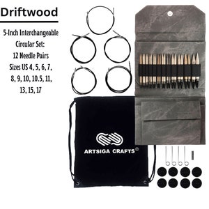 May include: A complete 5-inch interchangeable circular knitting needle set. The set includes 12 pairs of needles in sizes US 4, 5, 6, 7, 8, 9, 10, 10.5, 11, 13, 15, and 17, along with black cables, stitch markers, and a gray case. The set is from Artsiga Crafts.