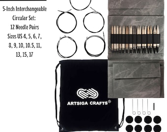 PreOwned / Used Lykke 5 Inch Interchangeable Circular Knitting Needle Set 12 Tips, 5 Cords, 2 Connectors, 4 Keys & more + Artisga Crafts Bag