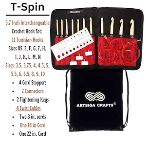 PreOwned / Used ChiaoGoo T-Spin Tunisian Interchangeable Crochet Hook Set Bamboo 1500-C Sizes E F G 7 H I J K L M N + Artsiga Crafts Bag