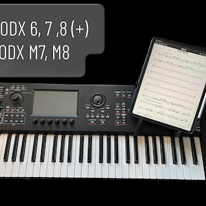 May include: A black synthesizer keyboard with a central display screen, numerous control buttons, and sliders. A tablet is mounted on the right side, displaying musical notation. Text on the image reads: MODX 6, 7, 8 (+) MODX M7, M8.