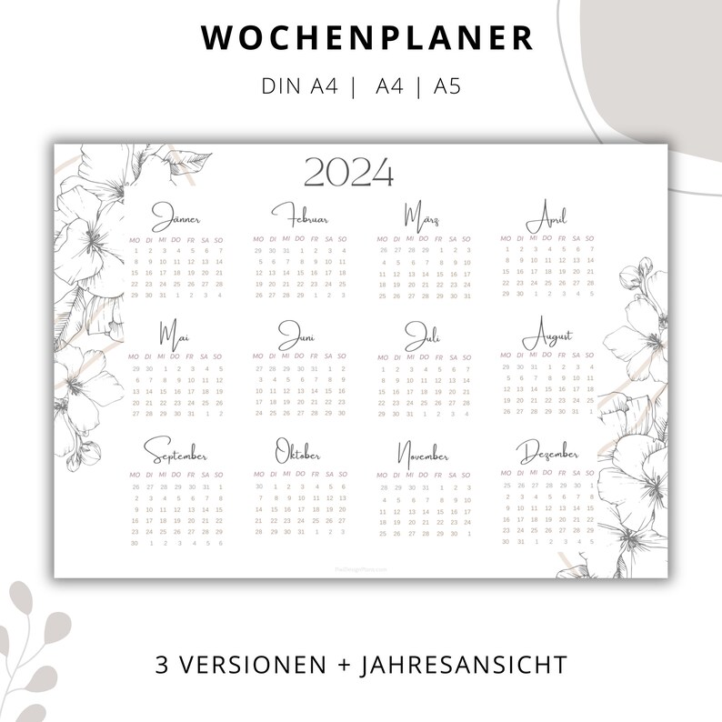 Puede incluir: Un calendario imprimible de 2024 con ilustraciones florales. El calendario est&aacute; dividido en 12 meses, con cada mes mostrado en un cuadro separado. El calendario incluye los d&iacute;as de la semana, con el lunes como el primer d&iacute;a de la semana.