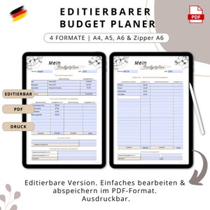 Könnte beinhalten: Digitaler Budgetplaner mit dem Text "EDITIERBARER BUDGET PLANER". Der Planer wird auf zwei Tablets angezeigt und zeigt die Einnahmen- und Ausgabenverfolgung. Enthält Optionen für A4, A5, A6 und Zipper A6 Formate. Die PDF-Version ist editierbar und druckbar.