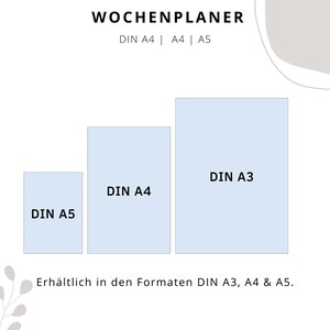 Puede incluir: Un gr&aacute;fico que muestra los diferentes tama&ntilde;os de planificadores semanales disponibles. Los tama&ntilde;os son DIN A3, DIN A4 y DIN A5. El texto "WOCHENPLANER" est&aacute; en la parte superior del gr&aacute;fico. El texto "DIN A4 | A4 | A5" est&aacute; debajo del t&iacute;tulo. El texto "Erh&auml;ltlich in den Formaten DIN A3, A4 & A5." est&aacute; en la parte inferior del gr&aacute;fico.