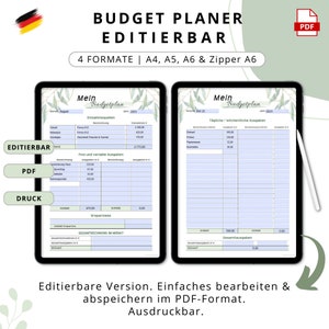Könnte beinhalten: Eine druckbare Budgetplaner-Vorlage mit grünem Blattdesign. Die Vorlage ist editierbar und in vier Formaten druckbar: A4, A5, A6 und Zipper A6. Die Vorlage enthält Abschnitte für Einnahmen, Ausgaben und Ersparnisse.