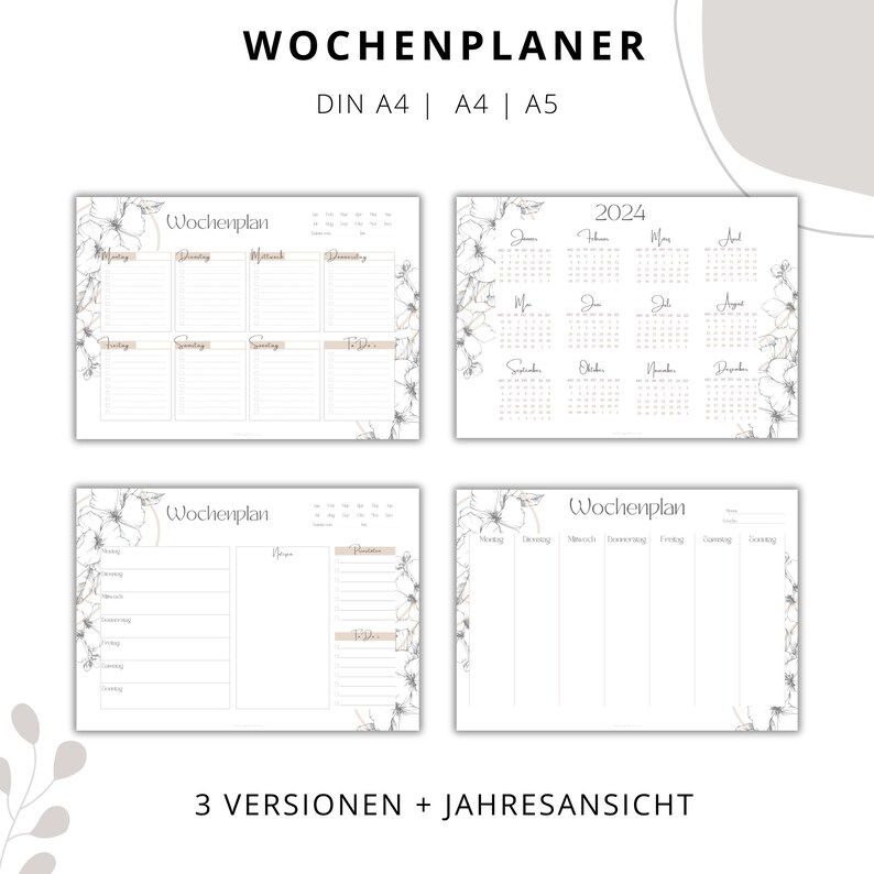 Puede incluir: Un planificador semanal imprimible con tres dise&ntilde;os diferentes y un calendario anual. El planificador presenta un dise&ntilde;o floral con delicadas flores blancas y negras.