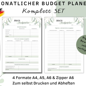 Puede incluir: Conjunto de planificadores presupuestarios imprimibles, disponible como descarga digital, en formatos A4, A5, A6 y Zipper A6. Las páginas tienen secciones para ingresos, gastos y ahorros, con un diseño de hojas verdes. Incluye un bolígrafo y una bandera alemana.