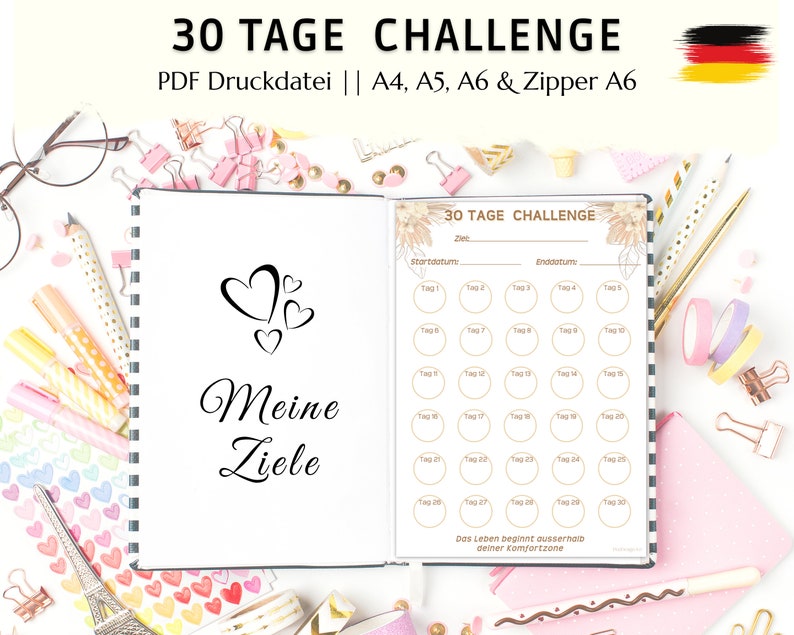 Op de afbeelding: Een printbaar 30-daags challenge-journaal met een roze en gouden ontwerp. Het journaal heeft een titelpagina met de tekst "30 Tage Challenge" en een pagina met de tekst "Meine Ziele", wat "Mijn doelen" betekent in het Duits. Het journaal is ontworpen om mensen te helpen doelen te stellen en hun voortgang gedurende 30 dagen bij te houden.