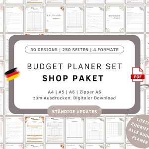 Könnte beinhalten: Eine Collage aus 30 Budgetplaner-Designs in verschiedenen Formaten, darunter A4, A5, A6 und Zipper A6. Die Designs zeigen florale Muster und eine deutsche Flagge. Der Text "BUDGET PLANER SET SHOP PAKET" wird fett dargestellt, zusammen mit dem Satz "STÄNDIGE UPDATES". Der Text "LIFETIME-ZUGRIFF AUF ALLE BUDGET PLANER" ist ebenfalls sichtbar.