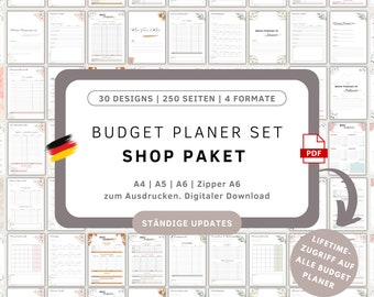 Puede incluir: Un collage de 30 diseños de planificadores de presupuesto en varios formatos, incluidos A4, A5, A6 y A6 con cremallera. Los diseños presentan patrones florales y una bandera alemana. El texto "BUDGET PLANER SET SHOP PAKET" se muestra en negrita, junto con la frase "STÄNDIGE UPDATES". El texto "LIFETIME-ZUGRIFF AUF ALLE BUDGET PLANER" también es visible.