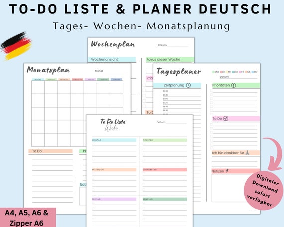To-Do Listen Vorlagen, Tages- Wochen- Monatsübersicht, Druckbare Checkliste im PDF Format, A4, A5, A6 und Umschlagmethode6