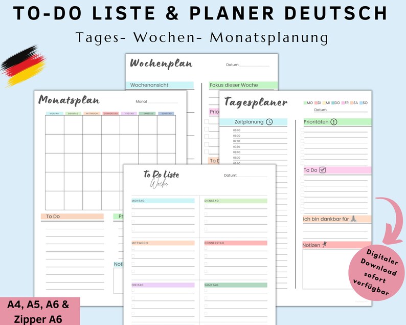 To-Do Listen Vorlagen, Tages- Wochen- Monatsübersicht, Druckbare Checkliste im PDF Format, A4, A5, A6 und Umschlagmethode6 Bild 1