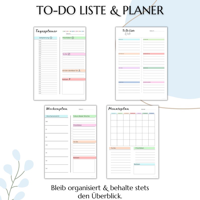 To-Do Listen Vorlagen, Tages- Wochen- Monatsübersicht, Druckbare Checkliste im PDF Format, A4, A5, A6 und Umschlagmethode6 Bild 2