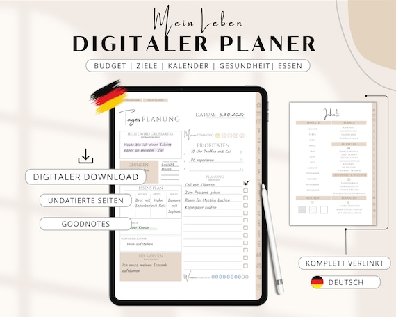 Digitaler Planer Deutsch, Budgetplanung, undatiert, Journaling, Goodnotes Kalender, iPad, Tagesplaner, Ziele, PDF, druckbar, adhs, Template