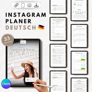 Könnte beinhalten: Ein digitaler Planer für Instagram auf Deutsch. Das Cover zeigt eine Frau, die ein Selfie mit dem Handy macht. Der Planer enthält Seiten für die monatliche Inhaltsverfolgung, die Planung von Giveaways, die Instagram-Strategie und die Planung von Beiträgen.