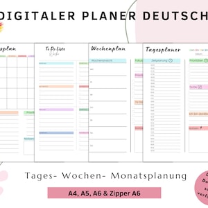 Puede incluir: Un planificador digital en alemán con cuatro secciones: mensual, semanal, diario y lista de tareas. El planificador está disponible en tamaños A4, A5, A6 y A6 con cremallera. El planificador tiene un diseño colorido con colores pastel y una bandera alemana.