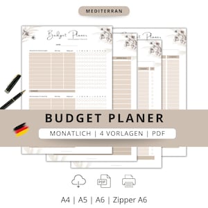 Może przedstawiać: Drukowany planer budżetu z czterema szablonami. Planer ma beżowe tło z kwiatowym wzorem i tekst "Budget Planer" w brązowej czcionce. Tekst "MONATLICH | 4 VORLAGEN | PDF" jest również zawarty.