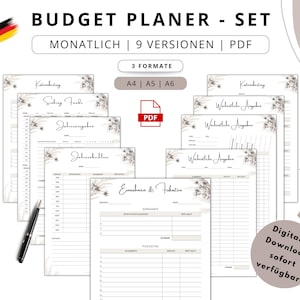 Puede incluir: Un conjunto de 9 páginas de planificador de presupuesto imprimibles en formato PDF. Las páginas están diseñadas con un estilo minimalista con un motivo floral e incluyen secciones para gastos semanales, gastos mensuales y resúmenes anuales. Las páginas están disponibles en tres tamaños: A4, A5 y A6.
