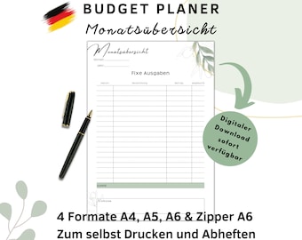 Könnte beinhalten: Eine druckbare Budgetplaner-Vorlage mit grünem Blumenmuster. Die Vorlage enthält Abschnitte für feste Ausgaben, Monatsübersicht und eine Gesamtsumme. Der Text auf der Seite lautet "Budget Planner" und "Monatsübersicht".