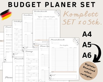 May include: A set of 10 printable budget planner pages in A4, A5, and A6 sizes. The pages feature a floral design and include sections for income, expenses, and monthly summaries. The text on the image reads "Budget Planner Set Komplett SET 10 Stk. A4 A5 A6 Digitaler Download sofort verfügbar".