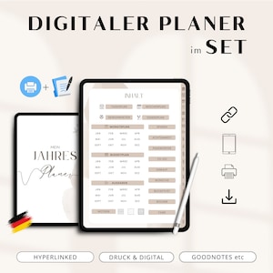 Może przedstawiać: Zestaw cyfrowych planerów do Goodnotes i innych aplikacji. Obraz przedstawia tablet z otwartym cyfrowym plannerem na stronie z listą sekcji, w tym "Planer dzienny", "Planer tygodniowy", "Planer miesięczny", "Planer budżetowy", "Wydatki", "Oszczędności", "Uważność", "Do zrobienia", "Zakupy", "Lista życzeń", "Książki" i "Filmy". Obraz przedstawia również ikonę drukarki, ikonę łącza i ikonę pobierania.