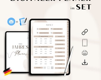 Digital planner German undated, SET print / digital, daily, weekly & monthly planner, bulletjournal, Goodnotes iPad hyperlinked, A4/A5 PDF