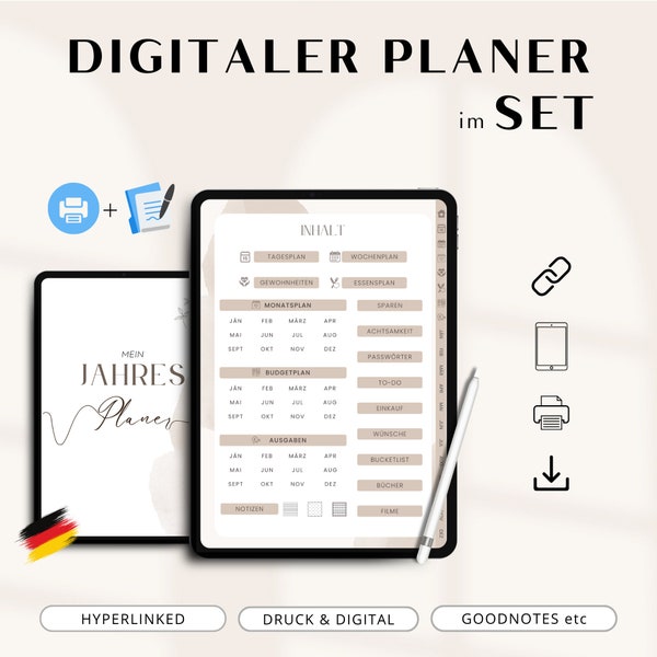 Digital planner German undated, SET print / digital, daily, weekly & monthly planner, bulletjournal, Goodnotes iPad hyperlinked, A4/A5 PDF