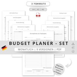 Puede incluir: Un conjunto de plantillas de planificador de presupuesto imprimibles en formato PDF. Las plantillas incluyen secciones para ingresos mensuales, gastos y un resumen del presupuesto del mes. El texto en la imagen dice "BUDGET PLANER - SET MONATLICH | 9 VERSIONEN | PDF".