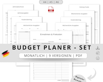 May include: A set of printable budget planner templates in PDF format. The templates include sections for monthly income, expenses, and a summary of the month's budget. The text on the image reads "BUDGET PLANER - SET MONATLICH | 9 VERSIONEN | PDF".