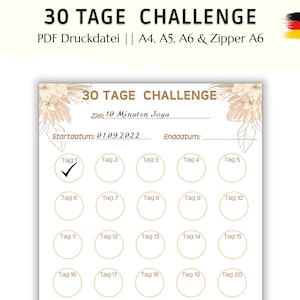 Challenge-tracker van 30 dagen, stel doelen en houd gewoonten bij, in PDF-afdrukformaat A4, A5, A6 en Rits A6