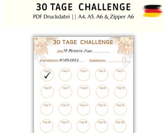 Challenge-tracker van 30 dagen, stel doelen en houd gewoonten bij, in PDF-afdrukformaat A4, A5, A6 en Rits A6
