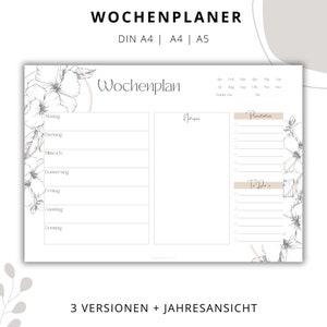 Puede incluir: Un planificador semanal imprimible con un dise&ntilde;o floral. El planificador incluye secciones para notas, prioridades y tareas pendientes. El texto en el planificador dice "Wochenplaner" y "Wochenplan".