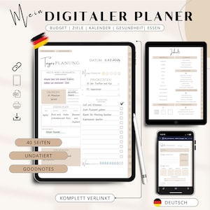 Könnte beinhalten: Ein digitales Planer-App-Mockup mit einem beige-braunen Farbschema. Die App bietet einen Tagesplaner, einen Budget-Tracker, einen Kalender und einen Gesundheits- und Wellness-Tracker. Die App ist auf Deutsch verfügbar.