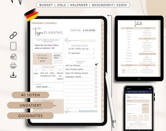 デジタル プランナー ドイツ語、予算計画、日付なし、ジャーナリング、Goodnotes カレンダー、iPad、デイリー プランナー、目標、PDF、印刷可能、ADHD、テンプレート