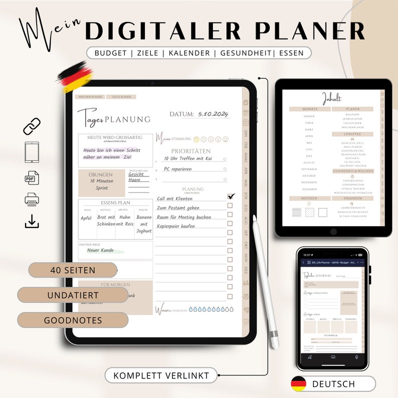 K&ouml;nnte beinhalten: Ein digitales Planer-App-Mockup mit einem beige-braunen Farbschema. Die App bietet einen Tagesplaner, einen Budget-Tracker, einen Kalender und einen Gesundheits- und Wellness-Tracker. Die App ist auf Deutsch verf&uuml;gbar.