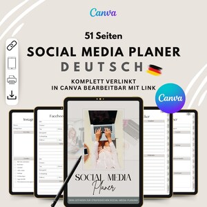 May include: A digital planner for social media, with a cover featuring a laptop and the text "SOCIAL MEDIA PLANER". The planner is designed for use with Canva and includes 51 pages.
