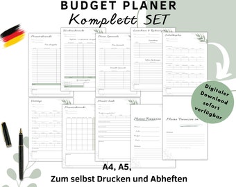 May include: A printable budget planner set in A4 and A5 sizes. The set includes pages for monthly expenses, income and expenses, savings goals, and a monthly overview. The pages are decorated with a green floral design.