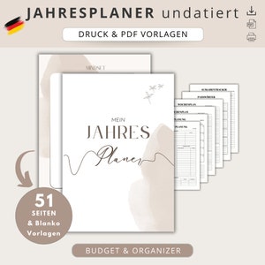 Puede incluir: Un planificador anual imprimible, sin fecha, de 51 páginas. La portada presenta un fondo de estilo acuarela con el texto "Mein Jahres Planer" y "Budget & Organizer".