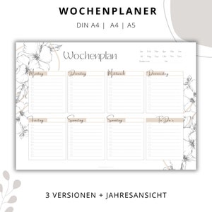 Puede incluir: Un planificador semanal imprimible con un dise&ntilde;o floral. El planificador est&aacute; dividido en siete d&iacute;as de la semana, con espacio para listas de tareas y notas. El planificador est&aacute; disponible en tres tama&ntilde;os: DIN A4, A4 y A5.