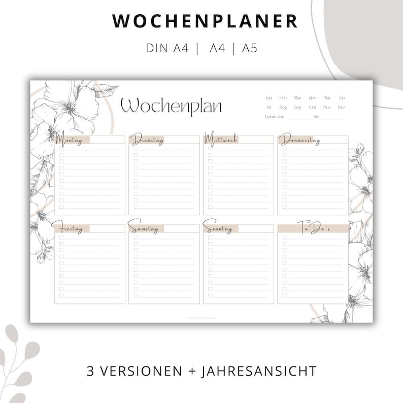 Puede incluir: Un planificador semanal imprimible con un dise&ntilde;o floral. El planificador est&aacute; dividido en siete d&iacute;as de la semana, con espacio para listas de tareas y notas. El planificador est&aacute; disponible en tres tama&ntilde;os: DIN A4, A4 y A5.