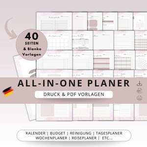 Könnte beinhalten: Ein rosa-weißer druckbarer Planer mit 40 Seiten. Der Planer enthält Vorlagen für Kalender, Budgets, Reinigungspläne, Tages- und Wochenplanung, Reiseplanung und vieles mehr. Der Text "ALL-IN-ONE PLANER" ist in großen, fetten Buchstaben. Der Text "DRUCK & PDF VORLAGEN" befindet sich unter dem Titel. Der Text "KALENDER | BUDGET | REINIGUNG | TAGESPLANER WOCHENPLANER | REISEPLANER | ETC..." befindet sich am unteren Rand des Bildes.