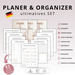 May include: A set of printable planner pages with a floral design. The pages include sections for finances, home, cleaning, health, and more. The text "PLANER & ORGANIZER ultimatives SET" is at the top of the image.
